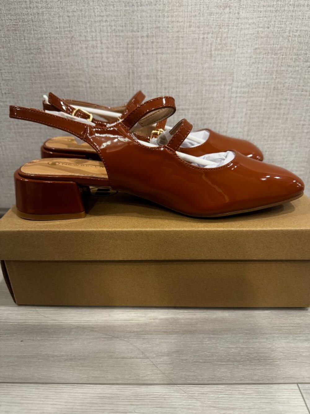 Newbella Brown Patent Mary Jane Slingback | Double Strap | Square Toe | 8.5 NIB - Picture 10 of 11